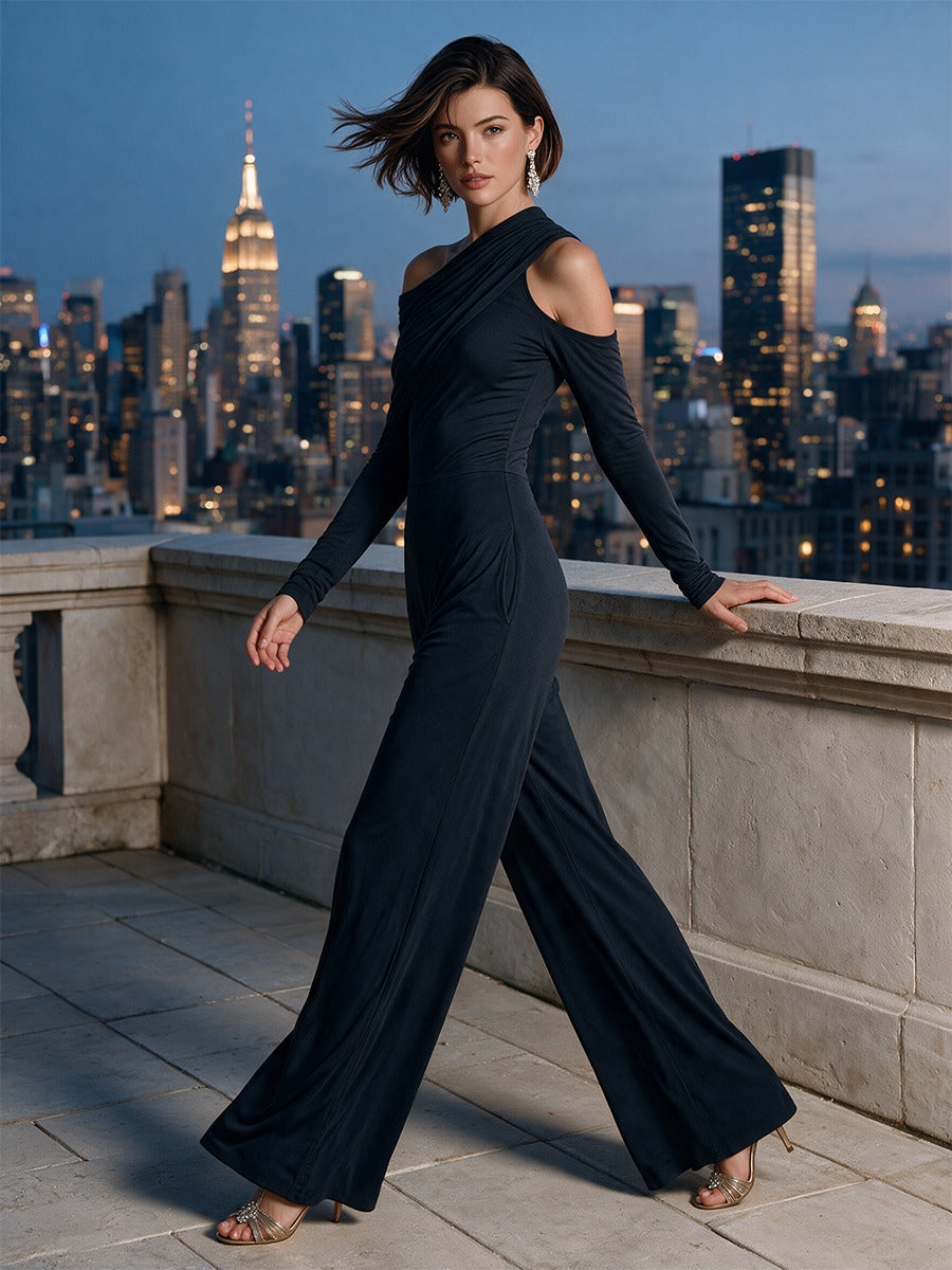 Raffaella | Sort one-shoulder-jumpsuit med vide ben