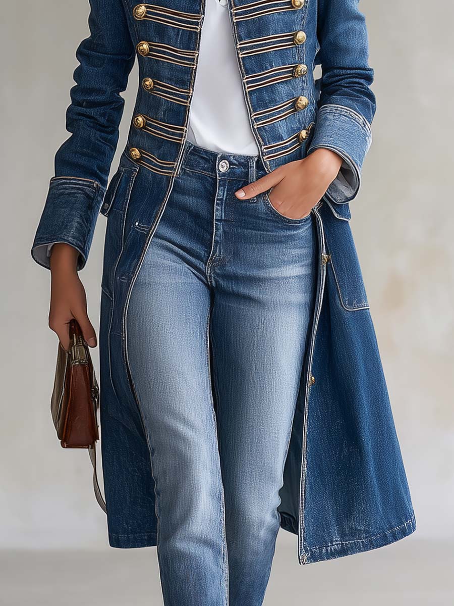 Lang, taljeret vintage-denimfrakke i officersstil med guldfarvede knapper