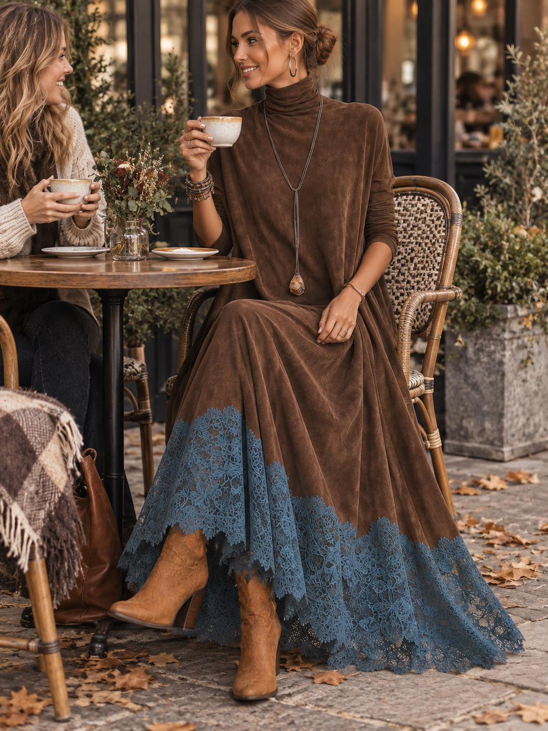 Vintageinspireret brun maxikjole i ruskindslook med lange ærmer og blondekant