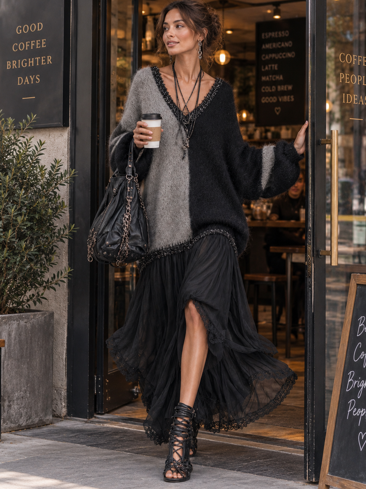 Sort og grå oversized strikket maxikjole med chiffon