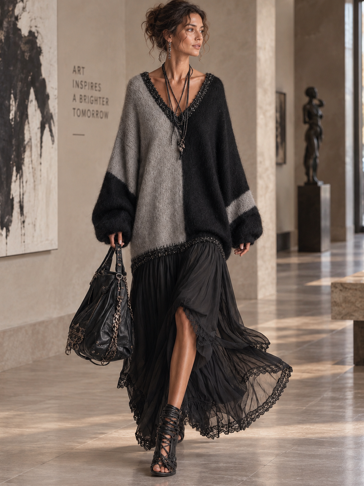 Sort og grå oversized strikket maxikjole med chiffon