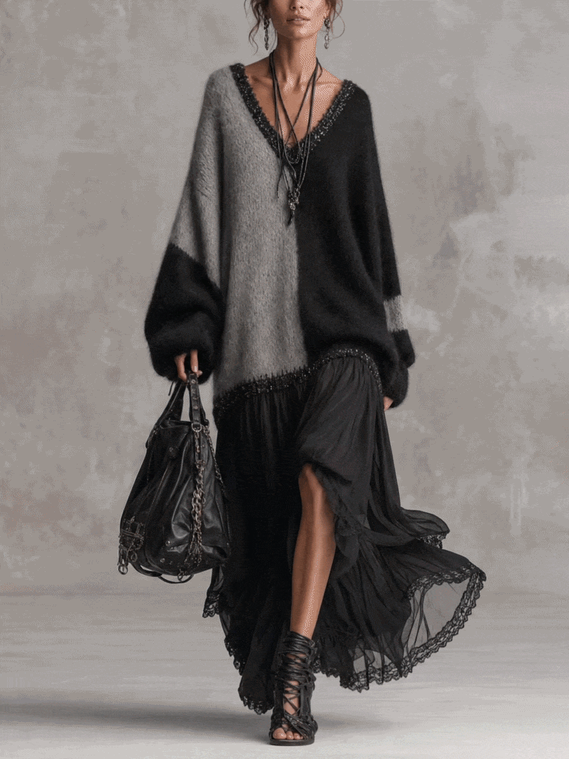Sort og grå oversized strikket maxikjole med chiffon